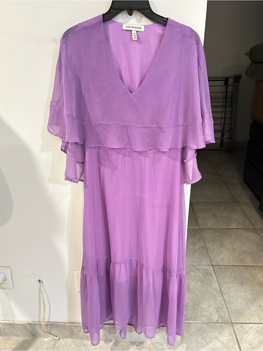 Lavender V-Neck Ruffle Midi Dress